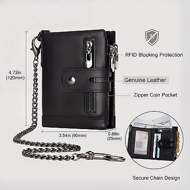 ZUQIETA Men's Genuine Leather Wallet with Chain - RFID-Blocking Bifold Purse with Zipper Coin Pocket
