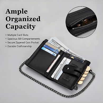 ZUQIETA Men's Genuine Leather Wallet with Chain - RFID-Blocking Bifold Purse with Zipper Coin Pocket