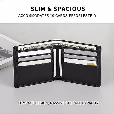 ZUQIETA Men's Genuine Leather RFID-Blocking Bifold Wallet - Slim Front Pocket with 10 Card Slots