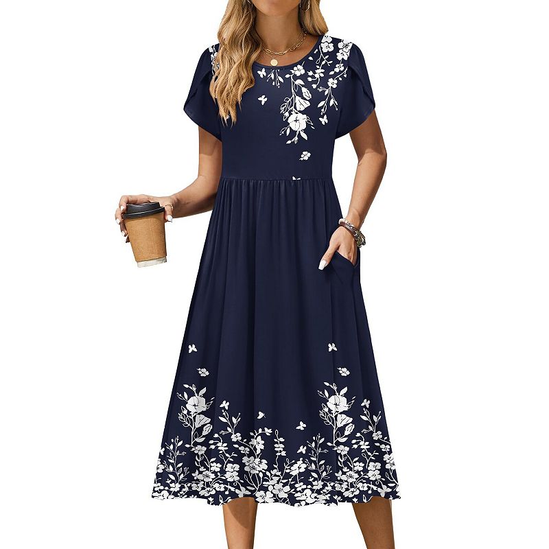 boho t shirt dress Zeagoo Women's Round Neck Short Sleeve Midi | Blue | Misses Medium relaxed dress inspired by
