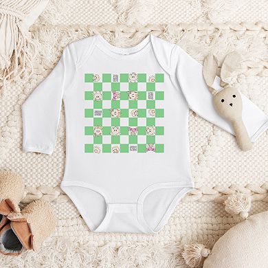 Mini Smiley Checkered Characters Green - Baby Long Sleeve Bodysuit