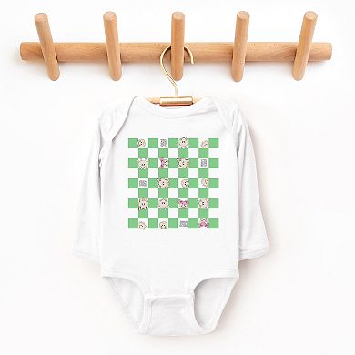 Mini Smiley Checkered Characters Green - Baby Long Sleeve Bodysuit