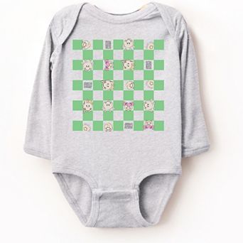 Mini Smiley Checkered Characters Green - Baby Long Sleeve Bodysuit