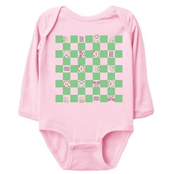 Mini Smiley Checkered Characters Green - Baby Long Sleeve Bodysuit