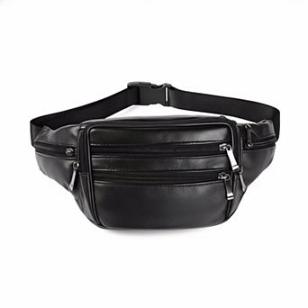 ZUQIETA Black Leather Fanny Pack for Men & Women - Multi-Pocket Waist Bag for Travel, Sports & Hikin