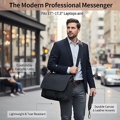 ZUQIETA 17.3" Water-Resistant Canvas Messenger Bag for Men - Laptop Computer Shoulder Bag