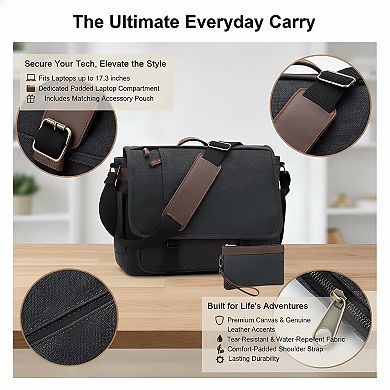 ZUQIETA 17.3" Water-Resistant Canvas Messenger Bag for Men - Laptop Computer Shoulder Bag