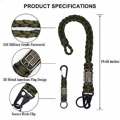 ZUQIETA 2-Pack Braided Paracord Lanyard Keychains with Flag - Heavy Duty Necklace for Keys