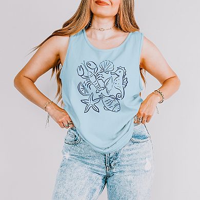 Nautical Animals Outlined - Women's Garment Dyed Graphic Tank Top