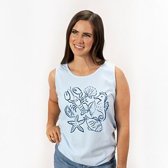 Nautical Animals Outlined - Women's Garment Dyed Graphic Tank Top