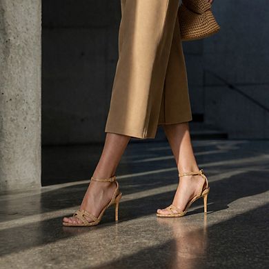 Metallic Gold Strappy Ankle-Buckle Stiletto Heel Sandals