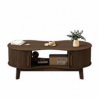 Mid Century Modern Dual Oval Coffee Table with Storage Cabinet Walnut