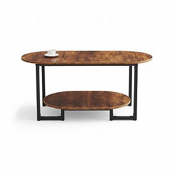 Oval 2 tier Industrial Coffee Table with Storage Shelf