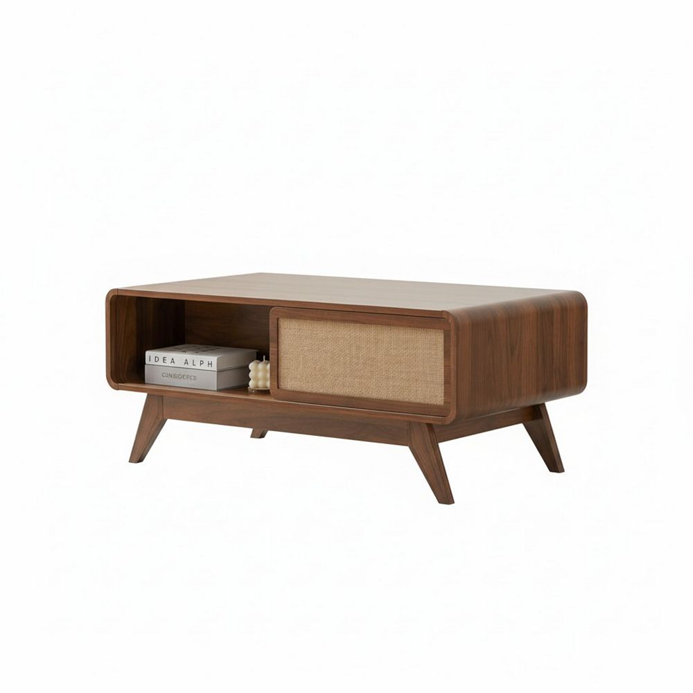 Mid Century Modern Walnut Coffee Table with Linen Storage Door