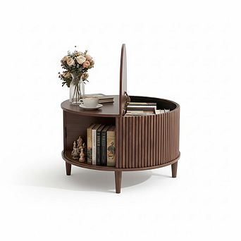 Mid Century Modern Round Coffee Table with Storage and Sliding Door