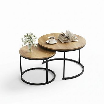 Nesting Coffee Table Set of 2 Round Wood Grain Industrial Tables