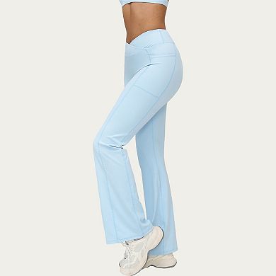 Women's High Waist Crossover Flare Yoga Pants Stretch Bootcut Workout Leggings with Side Pocket