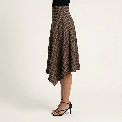 Women's Slim Fitting Plaid Asymmetrical Midi Skirt