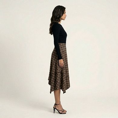 Women's Slim Fitting Plaid Asymmetrical Midi Skirt