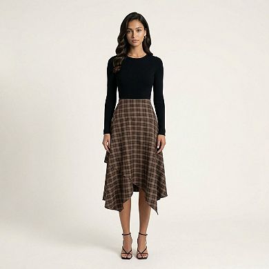 Women's Slim Fitting Plaid Asymmetrical Midi Skirt