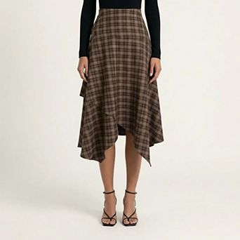 Women's Slim Fitting Plaid Asymmetrical Midi Skirt