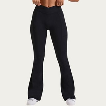 Women's V Waist Flare Yoga Pants with Cross Front High Waist Stretch Fit Athletic Workout Leggings