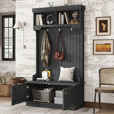 KWPZQEB 4-in-1 Hall Tree Coat Rack with 2 Barn Doors and 3 Coat Hooks, Shoe Bench Furniture