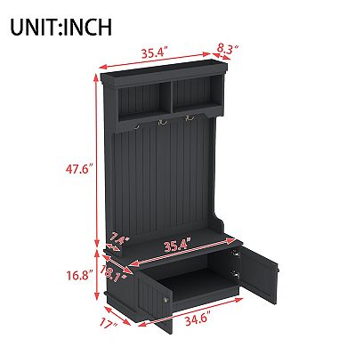 KWPZQEB 4-in-1 Hall Tree Coat Rack with 2 Barn Doors and 3 Coat Hooks, Shoe Bench Furniture