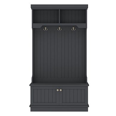 KWPZQEB 4-in-1 Hall Tree Coat Rack with 2 Barn Doors and 3 Coat Hooks, Shoe Bench Furniture