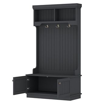 KWPZQEB 4-in-1 Hall Tree Coat Rack with 2 Barn Doors and 3 Coat Hooks, Shoe Bench Furniture