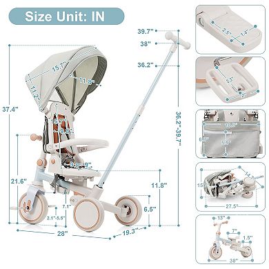 KWPZQEB 7 in 1 Canopy Foldable Baby Tricycle for 12-72 Months, Aluminium Alloy