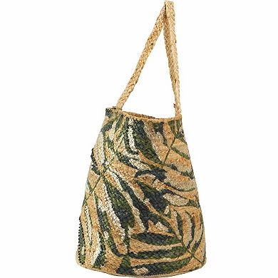 Magid Beaded Palm Print Natural Straw Jute Tote