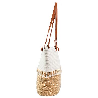 Magid Natural Cotton Woven & Faux Leather Fringe Shoulder Tote
