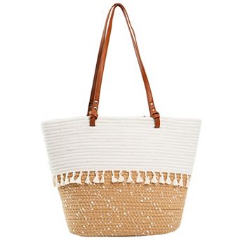 Magid Natural Cotton Woven & Faux Leather Fringe Shoulder Tote