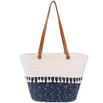 Magid Natural Cotton Woven & Faux Leather Fringe Shoulder Tote