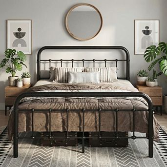 Victorian-Style Metal Platform Bed Frame with Iron Headboard and Footboard, No Box Spring Needed