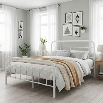 Victorian-Style Metal Platform Bed Frame with Iron Headboard and Footboard, No Box Spring Needed