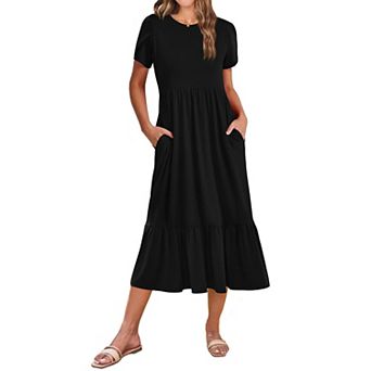 Zeagoo Women s Casual Short Sleeve Tiered A Line Swing Midi Dress with Pockets Beach T Shirt Dress