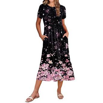 Zeagoo Women s Casual Short Sleeve Tiered A Line Swing Midi Dress with Pockets Beach T Shirt Dress