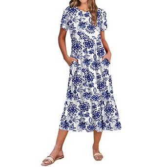 Zeagoo Women s Casual Short Sleeve Tiered A Line Swing Midi Dress with Pockets Beach T Shirt Dress