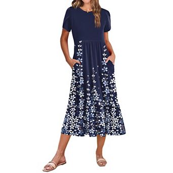 Zeagoo Women s Casual Short Sleeve Tiered A Line Swing Midi Dress with Pockets Beach T Shirt Dress
