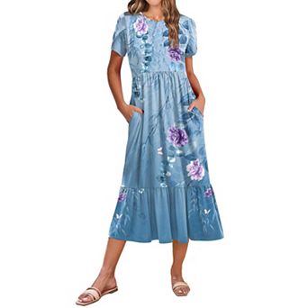 Zeagoo Women s Casual Short Sleeve Tiered A Line Swing Midi Dress with Pockets Beach T Shirt Dress