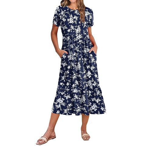 Женские платья Zeagoo Women s Casual Short Sleeve Tiered A Line Swing Midi Dress with Pockets Beach T Shirt Dress