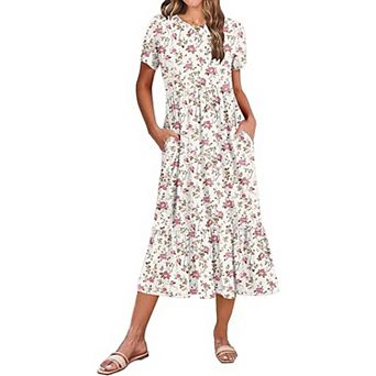 Zeagoo Women s Casual Short Sleeve Tiered A Line Swing Midi Dress with Pockets Beach T Shirt Dress