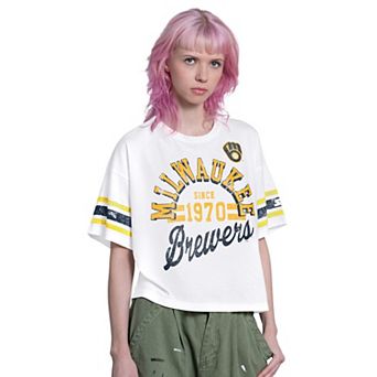 Women's Starter White Milwaukee Brewers Cropped Hurry Up Offense T-Shirt