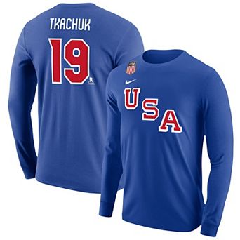 Men's Nike Matthew Tkachuk Royal US Hockey 2026 Name & Number Long Sleeve T-Shirt