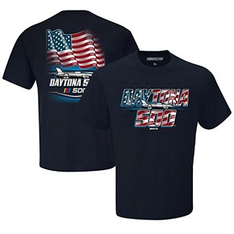 Men's Checkered Flag Sports Navy Daytona International Speedway 2025 Daytona 500 American Flag T-Shirt