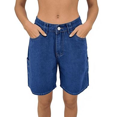 Women's High Waisted Denim Button Detail Relaxed Fit Casual Cargo Shorts
