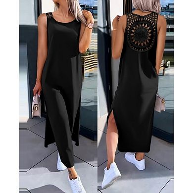 Women's Sleevelee Casual Scoop Neck Basic Split Maxi Tank Dress