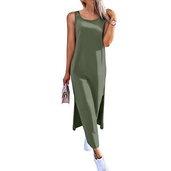 Women's Sleevelee Casual Scoop Neck Basic Split Maxi Tank Dress